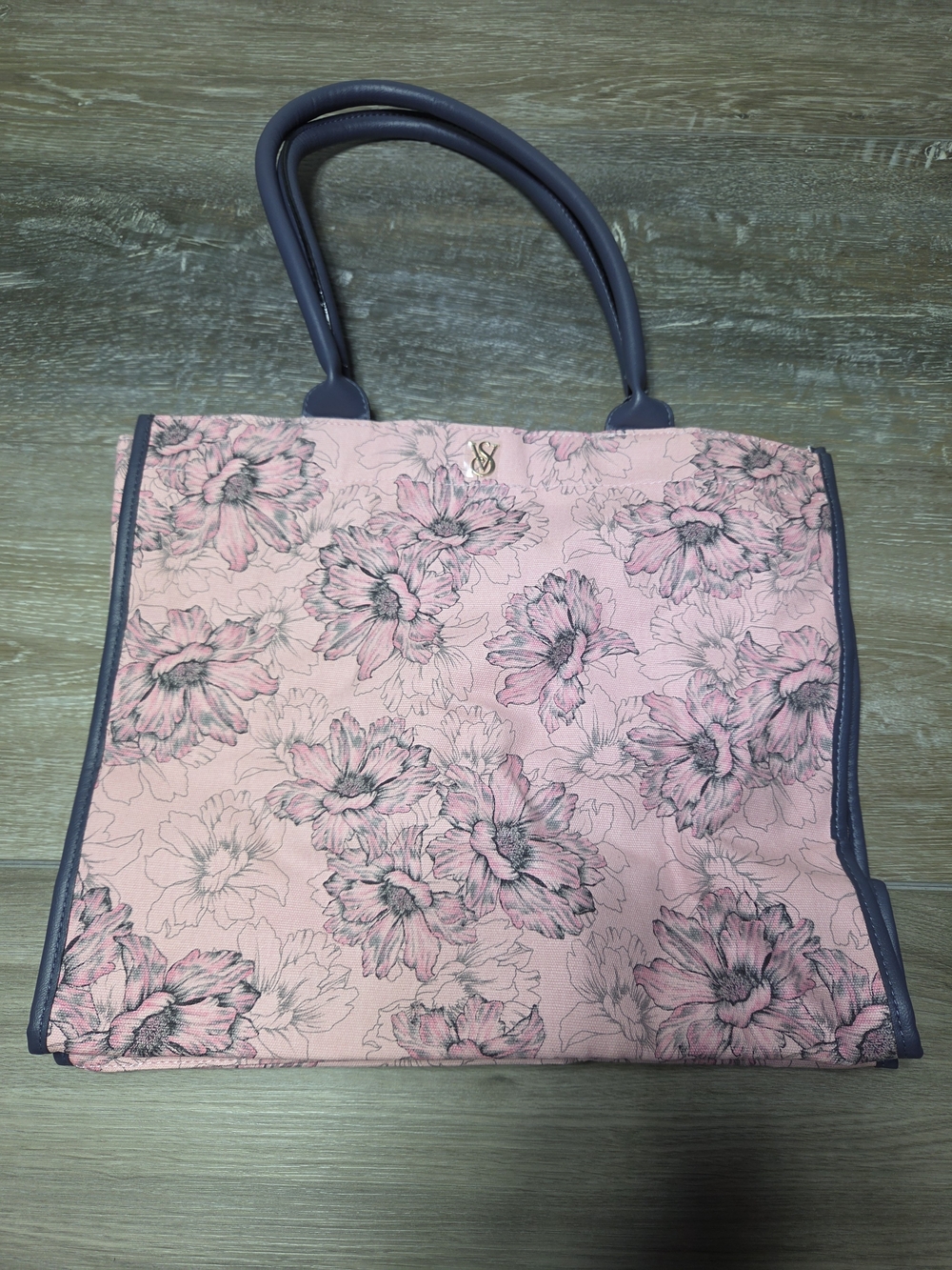 Victoria's Secret Floral Canvas Tote Shoulder Bag Pink Gray Trim
